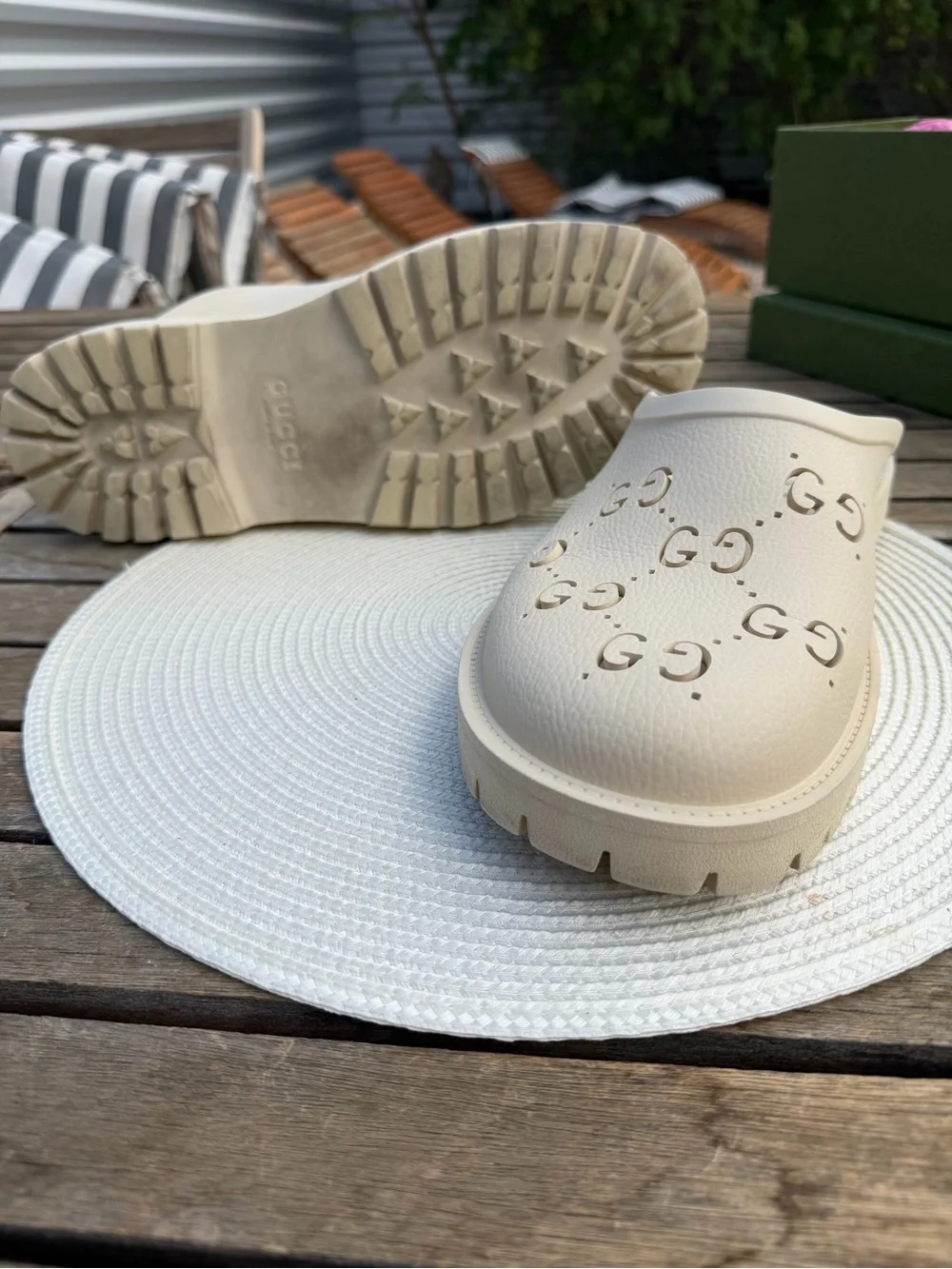 Gucci Cream Perforated GG Clog Slides